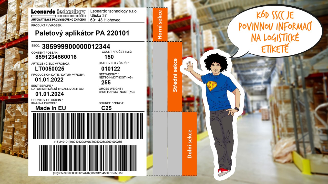 Paletová etiketa formátu GS1 Logistic Label s kódem SSCC Serial Shipping Container Code formátu (sériové číslo logistické jednotky), GS1-128